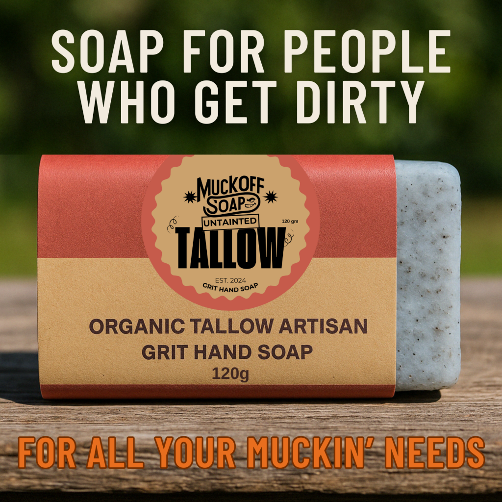 "Informational graphic for Lulu’s Untainted Tallow showcasing the benefits of tallow-based soap over other soaps. The image includes a stack of creamy handmade soap bars and five key reasons to switch to tallow soap, such as moisturising properties, gentle ingredients, and sustainability. It also lists store locations including T&S Emporium in Somerville and The Fountain Gate Emporium in Narre Warren, Victoria."