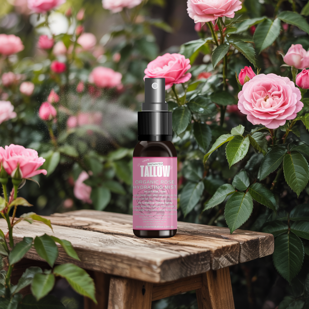 “A bottle of Organic Rose Hydrating Mist by Lulu’s Untainted Tallow sitting on a wooden bench, surrounded by blooming pink roses, with a fine mist spraying into the garden air.”