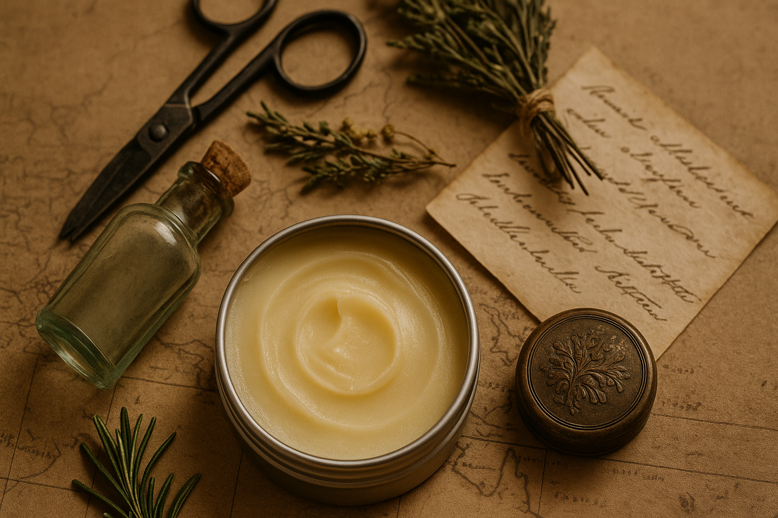 "A rustic flat lay of natural skincare elements featuring an open tin of creamy tallow balm on an antique map of Australia, surrounded by vintage scissors, a glass bottle, dried herbs, and handwritten parchment – evoking an old-world, handcrafted aesthetic."