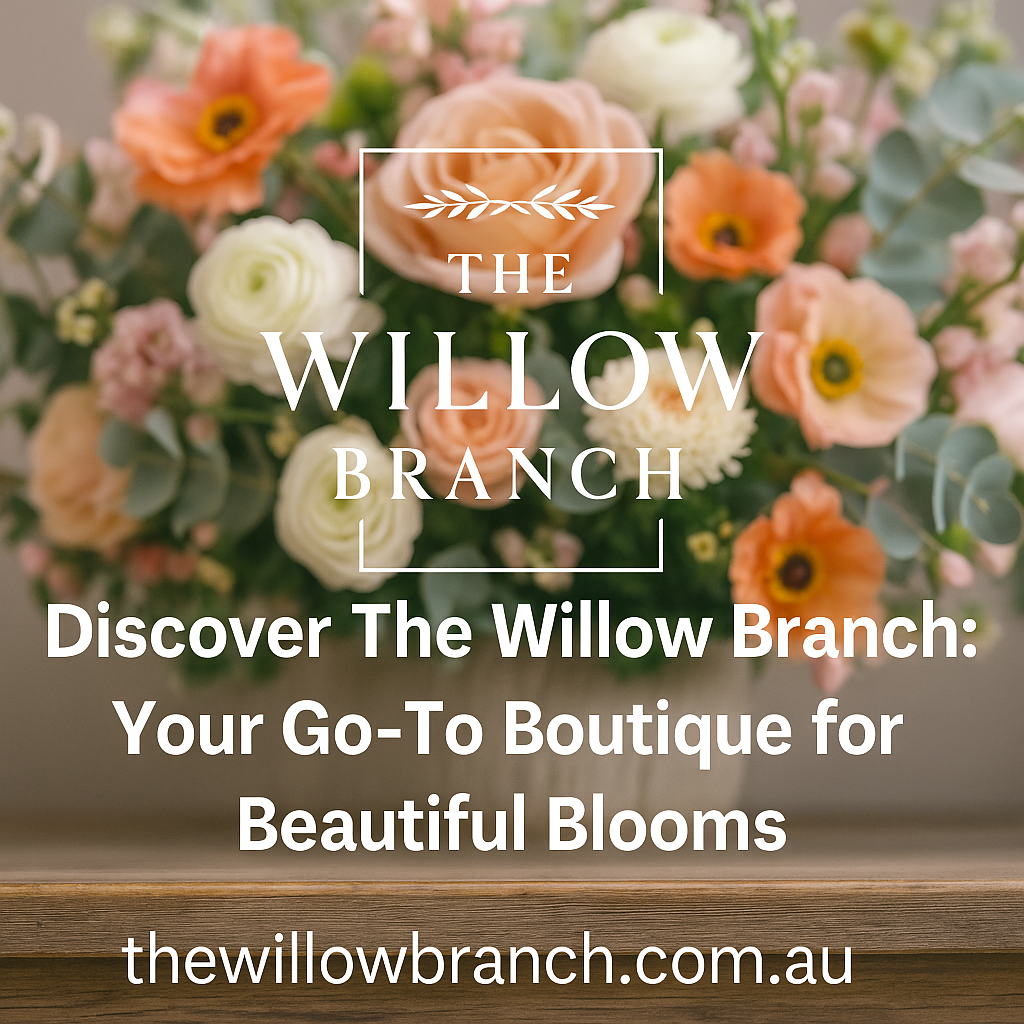 A promotional digital photograph for The Willow Branch featuring a soft-focus floral arrangement in the background, with bold white text overlay that reads "The Willow Branch – Drouin VIC | Stockist of Lulu’s Untainted Tallow," creating a warm and elegant visual promoting the partnership.