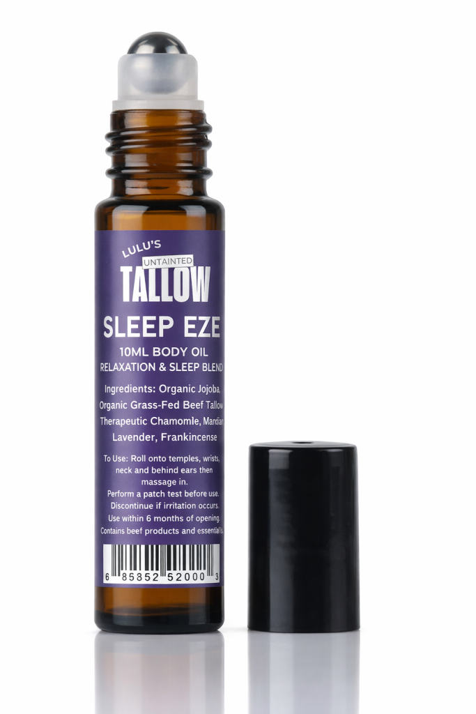 Sleep Eze sleep support body oil roll-on by Lulu’s Untainted Tallow in a 10ml amber glass bottle