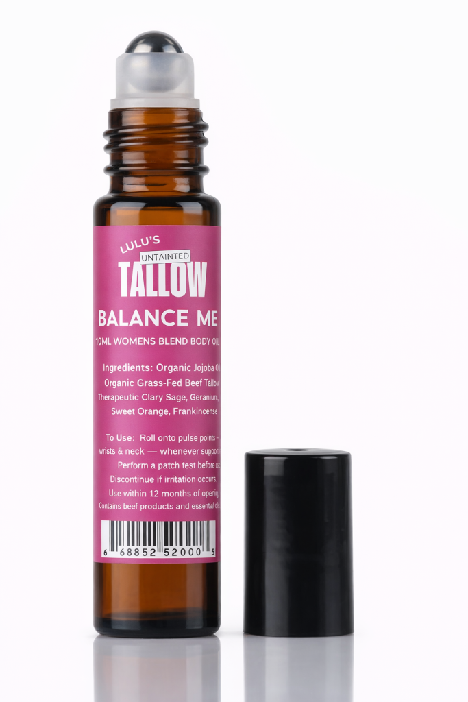 Balance Me women’s balance body oil roll-on by Lulu’s Untainted Tallow in a 10ml amber glass bottle