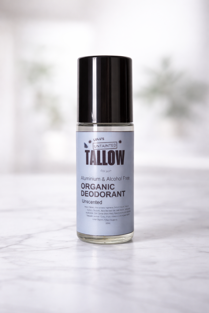 Unscented organic magnesium milk roll-on deodorant made with organic witch hazel and aloe, aluminium-free and alcohol-free, by Lulu’s Untainted Tallow.