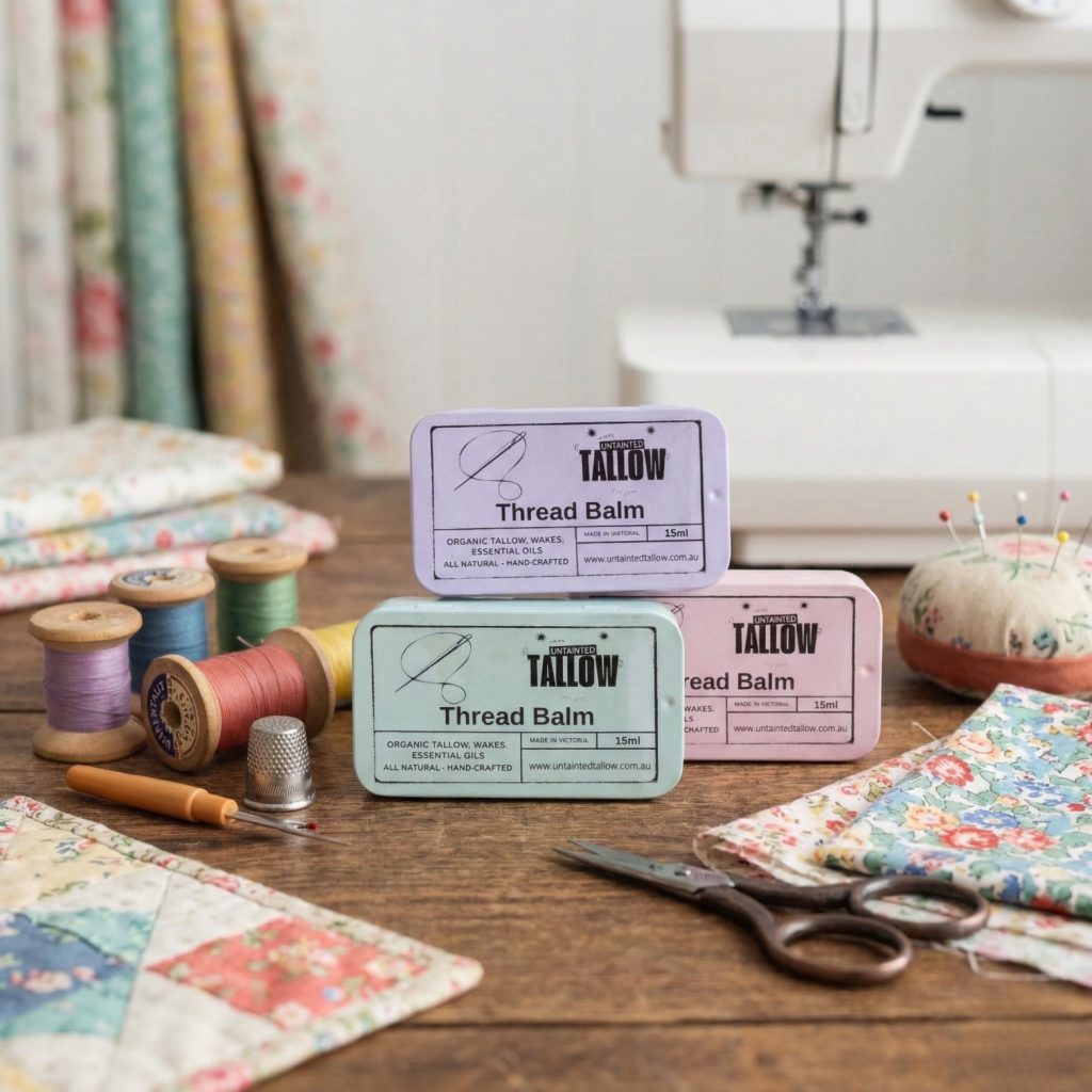 Lulu’s Untainted Tallow Thread Balm, handmade thread conditioning balm for sewing, quilting, and embroidery.